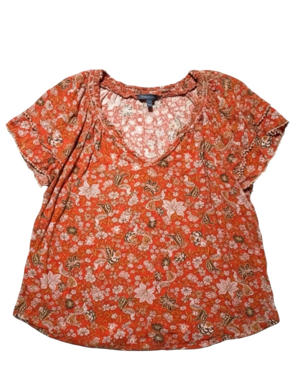 Democracy Boho Floral Paisley Flutter Sleeve Blouse Top Rust Orange Women's L